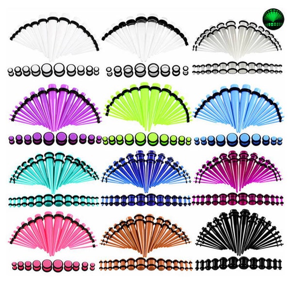 Todos los colores - Kit de estiramiento de orejas 14G-00G 1,6 mm-10 mm 36 piezas Calibres Juego de expansores livianos Tapones acrílicos Tapones Túneles Perforación inicial