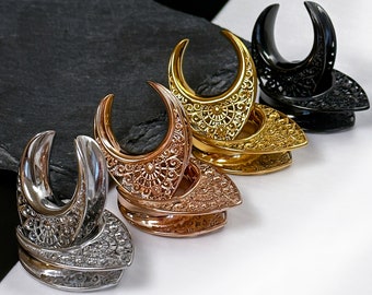 Pair of Ornate V Shaped Ear Tunnels, Mandala style saddle ear plugs in Gold, Silver, Black and Rose.  Ear Saddle Hangers For Stretched Ears