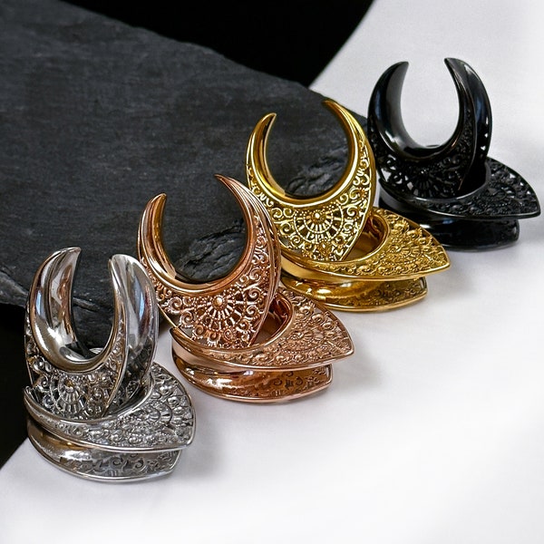 Pair of Ornate V Shaped Ear Tunnels, Mandala style saddle ear plugs in Gold, Silver, Black and Rose.  Ear Saddle Hangers For Stretched Ears