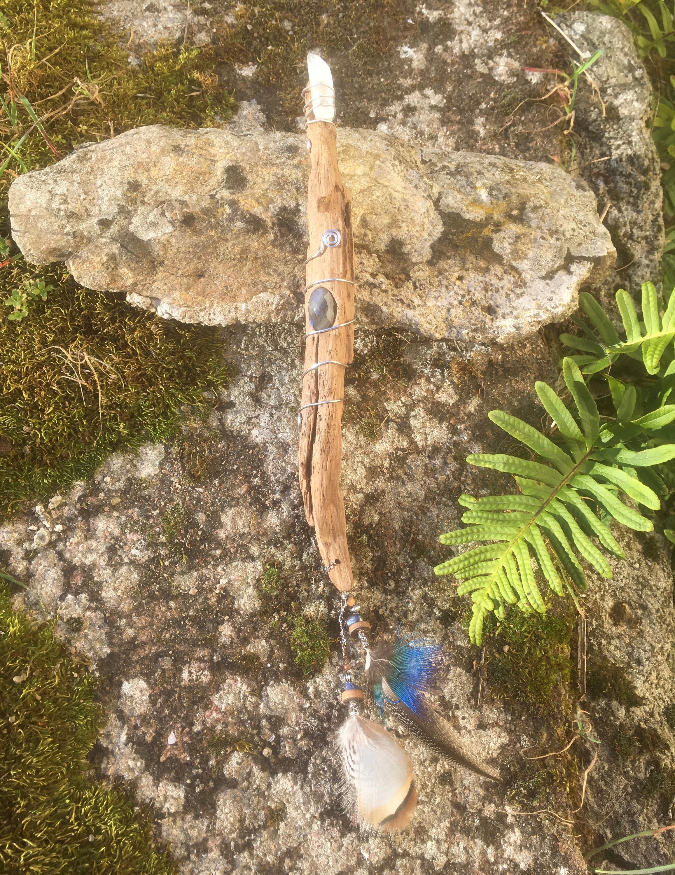 Mini Baguette Magique, Bâton de Pouvoir, Médecin, Paroles | Bois Flotté, Labradorite, Quartz, Fil La