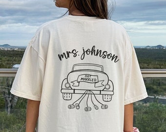 Personalized Comfort Colors Shirt for New Bride, Cute Honeymoon Shirts, Just Married Car, Trendy Bridal Tshirts, New Wife Tee, Wife Life