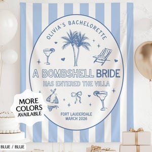 May include: A blue and white striped backdrop with a circular design. The design includes text that reads "Olivia's Bachelorette" and "A Bombshell Bride Has Entered The Villa." Additional text indicates "Fort Lauderdale March 2026."