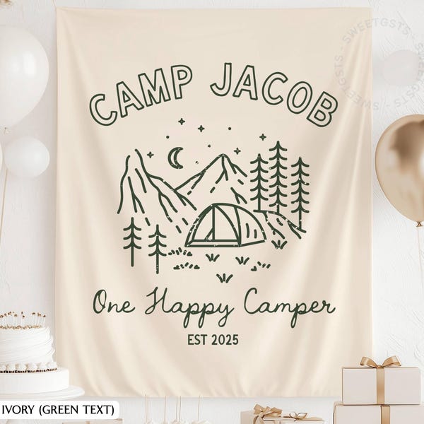 One Happy Camper Birthday Party Backdrop, Camping 1st Birthday Sign, Custom Boy's First Birthday Banner TR010