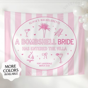 May include: Pink and white striped tapestry with the text "A Bombshell Bride Has Entered The Villa" in a circular design. The design includes illustrations of a cocktail, palm tree, beach chair, and bikini. The text "Fort Lauderdale March 2026" is also included.