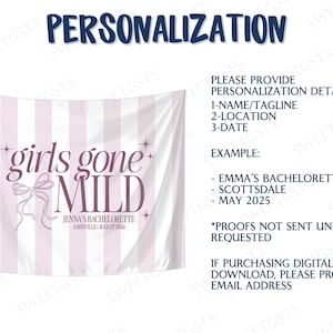 May include: A pink and white striped banner with the text "girls gone mild" in pink. The banner also includes the text "Jenna's Bachelorette Asheville August 2024".