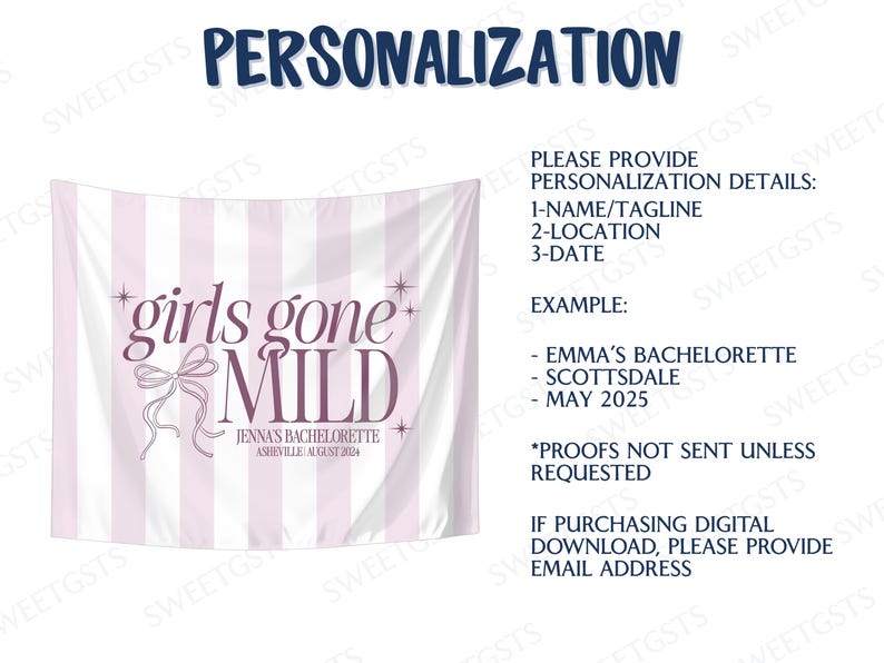 May include: A pink and white striped banner with the text "girls gone mild" in pink. The banner also includes the text "Jenna's Bachelorette Asheville August 2024".