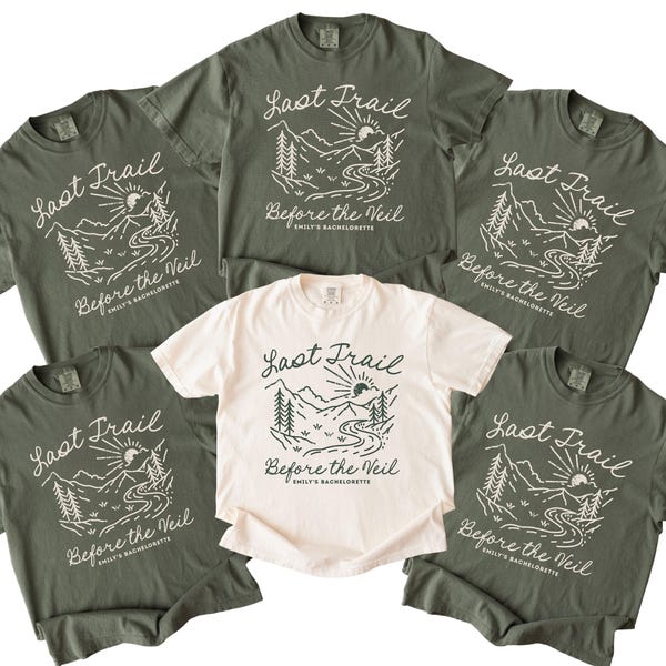 Last Trail Before the Veil Camp Bachelorette Shirt, Custom Camp Bach, Personalized Matching T-shirts for Cabin Lake Hiking Outdoorsy Bach