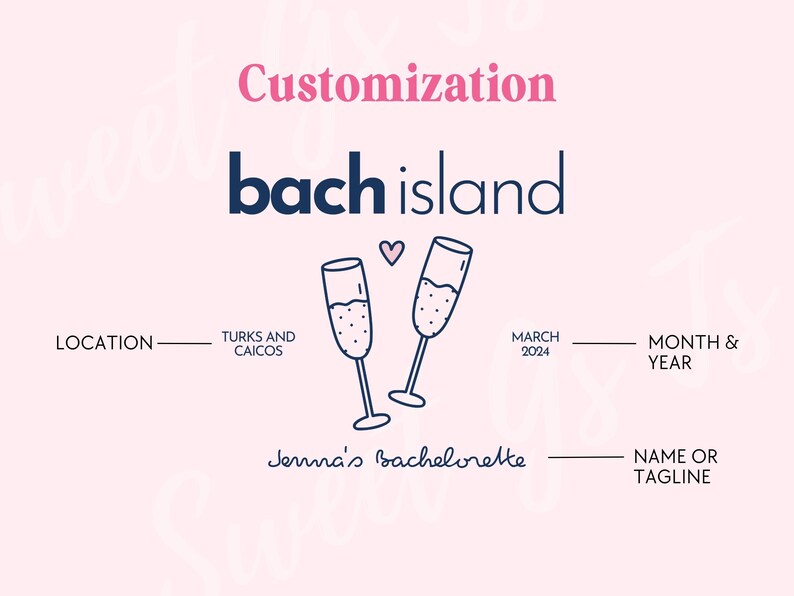Puede incluir: Un gr&aacute;fico rosa y blanco con el texto "Customization" en rosa y "bach island" en azul. El gr&aacute;fico tambi&eacute;n incluye dos copas de champ&aacute;n con un coraz&oacute;n entre ellas, el texto "TURKS AND CAICOS", "MARCH 2024", "MONTH & YEAR", "Jenna's Bachelorette" y "NAME OR TAGLINE".