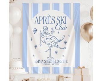 May include: A white and light blue banner with the text "APRÈS SKI Club" and "EMMA'S BACHELORETTE ASPEN CO | NOV 2025". The banner features a blue illustration of a person on skis in a martini glass, with snowflakes.