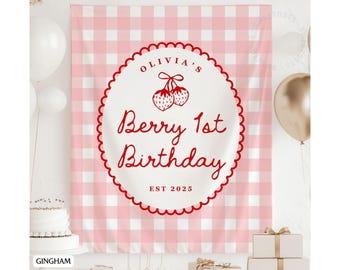 Berry First Birthday Banner, Personalized 1st Birthday Backdrop, Custom Name Strawberry Birthday Party Sign TR004
