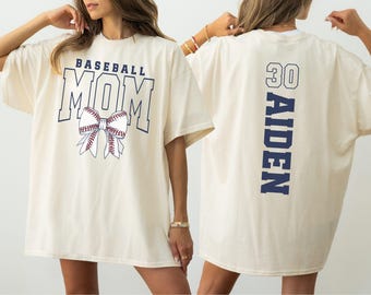 Custom Baseball Mom Comfort Colors Tshirt, Coquette Bow Baseball Mama T-shirt, Personalized Tball Mom Shirt with Kids Name and Number