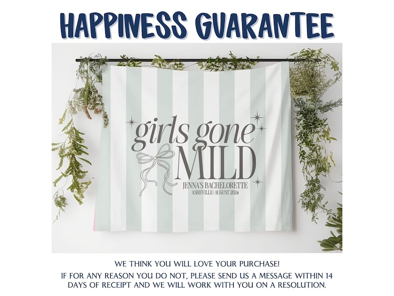 May include: A white and green striped fabric backdrop with the text "girls gone MILD" in gray. The text "Jenna's Bachelorette Asheville August 2024" is also in gray below the main text.