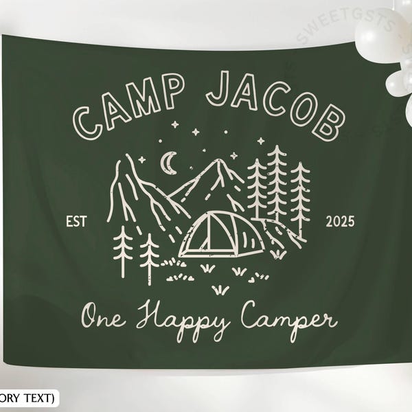 One Happy Camper Birthday Party Backdrop, Camping 1st Birthday Sign, Custom Boy's First Birthday Banner TR010