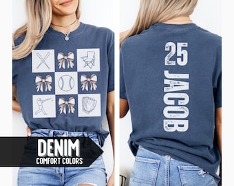 Personalized Baseball Mama Shirt with Bow, Team Mom Tshirt with Kids Name & Number, Custom Tball Mom Jersey, Baseball Sister Tee