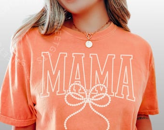 Pearl Bow Mama Shirt, Summer Mama Tshirt, Coquette Pearl Mama Tee, Bright Mama Shirt, Mama Shirt Beach Cover Up