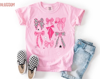 Youth Pink Bows Shirt, Retro Checkered Comfort Colors Girls T-shirt SGT25022