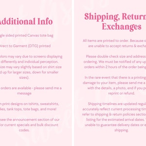 Puede incluir: Un gr&aacute;fico rosa y blanco con texto que dice "Informaci&oacute;n adicional" y "Env&iacute;o, devoluciones e intercambios". El texto describe los detalles de una bolsa de lona impresa de un solo lado, incluyendo informaci&oacute;n sobre la impresi&oacute;n directa sobre la prenda, las variaciones de color, los ajustes de tama&ntilde;o, los pedidos personalizados y los dise&ntilde;os de impresi&oacute;n disponibles. El texto tambi&eacute;n incluye informaci&oacute;n sobre el env&iacute;o, las devoluciones y los intercambios.