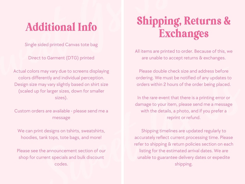 Puede incluir: Un gr&aacute;fico rosa y blanco con texto que dice "Informaci&oacute;n adicional" y "Env&iacute;o, devoluciones e intercambios". El texto describe los detalles de una bolsa de lona impresa de un solo lado, incluyendo informaci&oacute;n sobre la impresi&oacute;n directa sobre la prenda, las variaciones de color, los ajustes de tama&ntilde;o, los pedidos personalizados y los dise&ntilde;os de impresi&oacute;n disponibles. El texto tambi&eacute;n incluye informaci&oacute;n sobre el env&iacute;o, las devoluciones y los intercambios.
