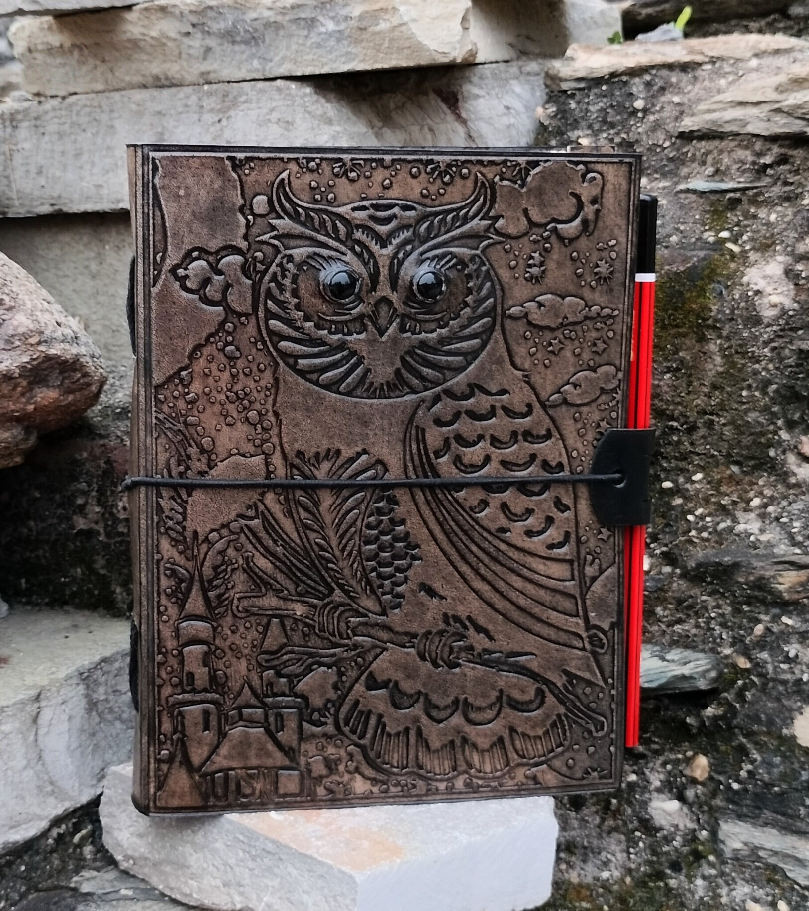Embossed Owl Leather Journal: Handmade Writing Notebook with Onyx Eyes
