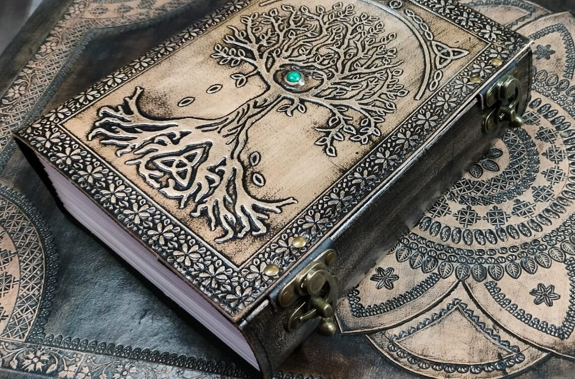 Embossed Tree of Life Leather Journal: Handmade Grimoire With Turquoise ...