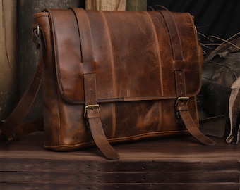 Vintage Leather Messenger Bag Men Handmade 18 inch Personalized Gift Office Laptop Bag
