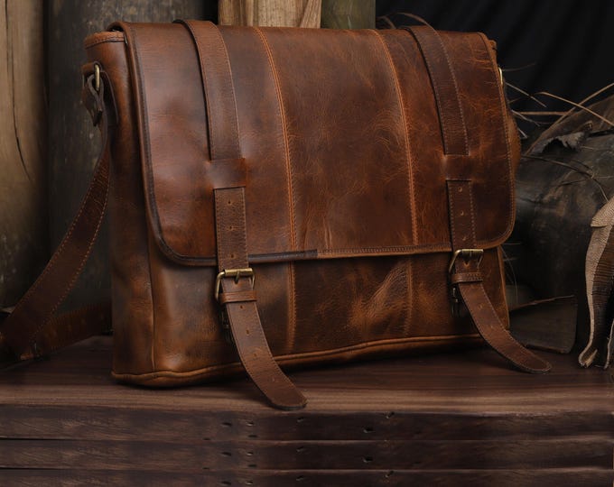 Personalized Leather Messenger Bag Office Mens Crossbody Satchel Bag Laptop Shoulder Bag Gift for Him