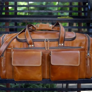 Handmade Top Grain Leather Duffle Bag: 23-inch Weekender Travel Bag