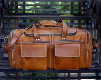 Handmade Top Grain Leather Duffle Bag: 23-inch Weekender Travel Bag