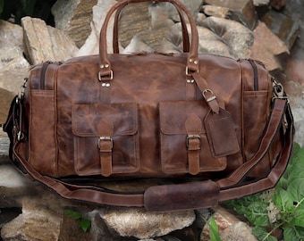 Handmade Top Grain Leather Duffle Bag: 24-inch Weekender Travel Bag