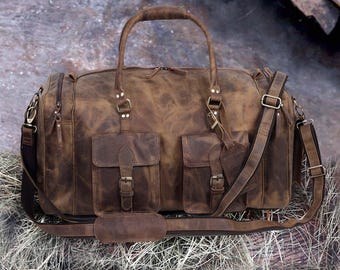 Handmade Top Grain Leather Duffle Bag: Weekender Travel Gym Bag