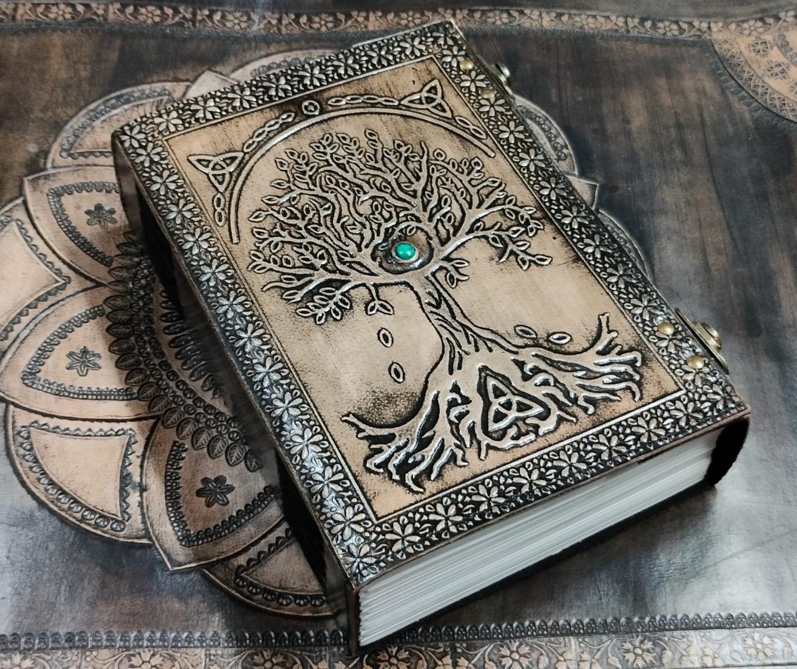 Embossed Tree of Life Leather Journal: Handmade Grimoire With Turquoise ...