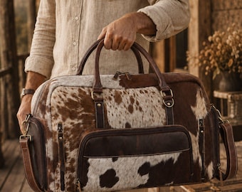 Bolsa de viaje personalizada de piel de vaca y piel con pelo / Bolsa de fin de semana de piel / Bolsa de viaje de piel vintage para hombres y mujeres