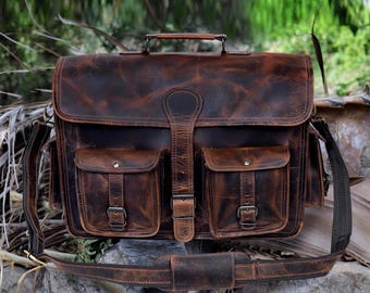 Handmade Full Grain Buffalo Leather Messenger Bag | Personalized Laptop Briefcase | Office Crossbody Shoulder Bag | Gift for him