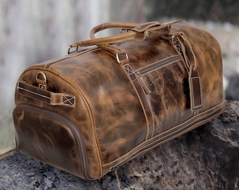 Full Grain Leather Duffle Bag with Shoe Compartment: Personalized Travel Luggage