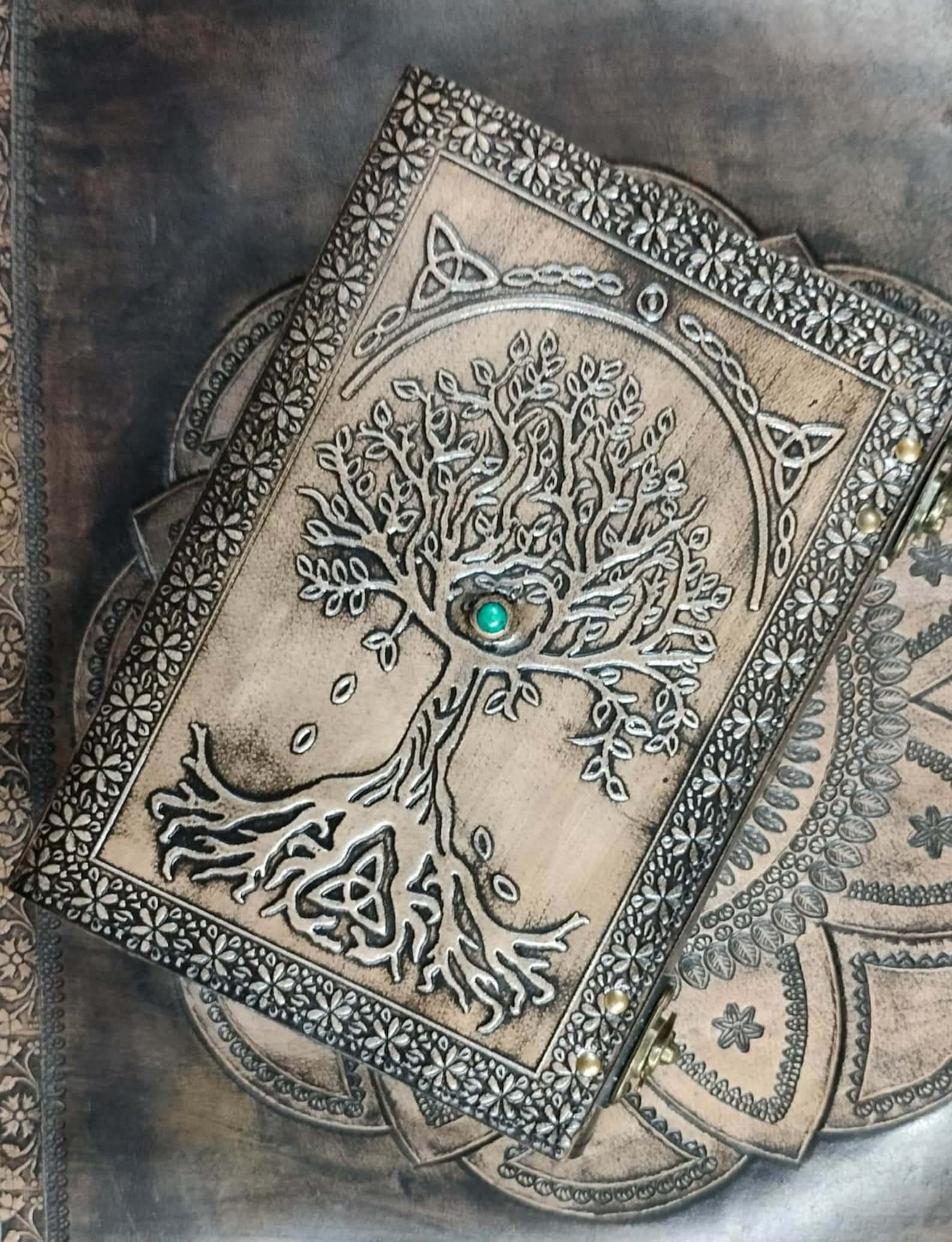 Embossed Tree of Life Leather Journal: Handmade Grimoire With Turquoise ...