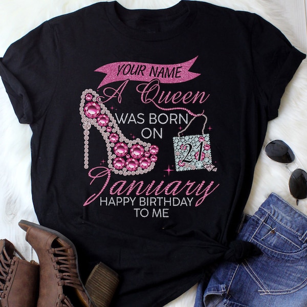 Personalized A Queen Was Born Happy Birthday To Me Women, Birthday T Shirts, Custom Name Custom Date Birthday Shirt