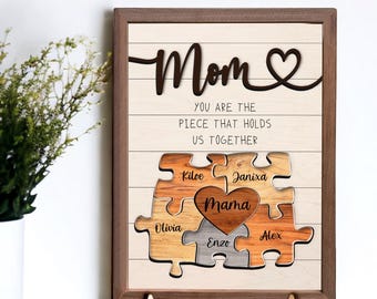 Mama Puzzle Zeichen Muttertagsgeschenk von Kindern Ehemann individuell graviertes Holzschild Stück das uns zusammenhält Oma Geschenk Personalisiertes Unikat
