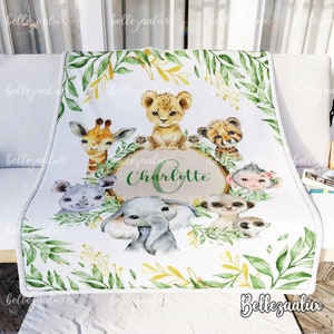 Personalized Jungle Baby Blanket, Safari Animals Baby Bedding, Safari Theme, Elephant Giraffe, Jungle Blanket, Name Pattern Blanket