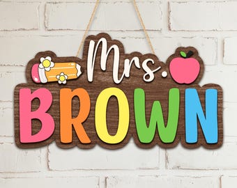 Personalized Teacher Name Sign: 3D Wood Classroom Door Hanger