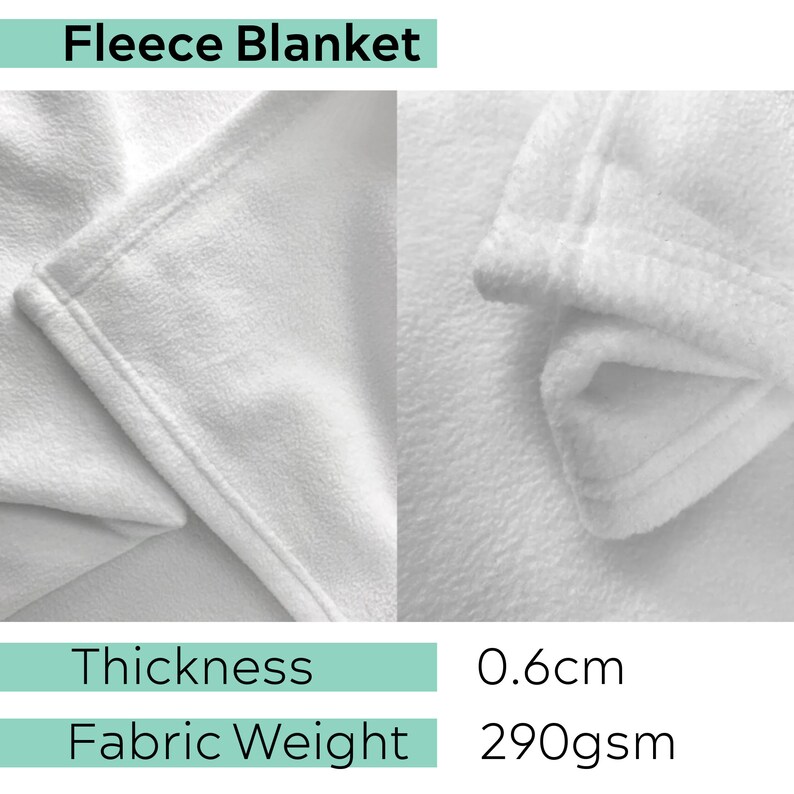 May include: Close-up of a white fleece blanket showing the texture and thickness. The blanket is 0.6 cm thick and weighs 290 gsm.