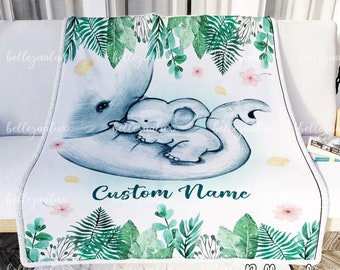 Custom Name Elephant Baby Blanket: Floral Jungle Fleece Throw