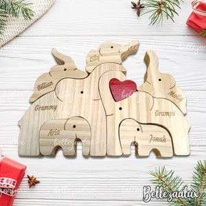 Personalized Wooden Elephant Family Puzzle, Wooden Elephant Puzzle with Family Names, Family Keepsake, Christmas Home Decor,Animal figurines