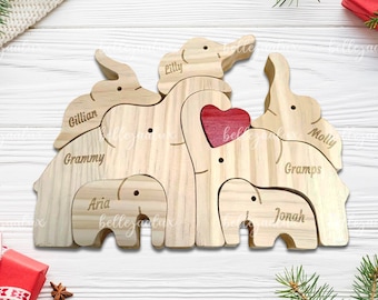 Casse-tête personnalisé en bois pour la famille des éléphants : décoration souvenir