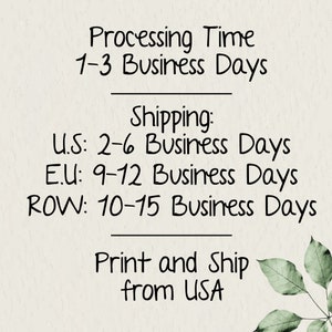 May include: Text on a white background with a green leafy design. The text reads: "Processing Time 1-3 Business Days Shipping: U.S: 2-6 Business Days E.U: 9-12 Business Days ROW: 10-15 Business Days Print and Ship from USA"