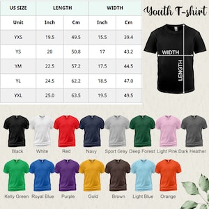 May include: A size chart for youth t-shirts with measurements in inches and centimeters. The chart shows the size, length, and width of the shirts in different sizes, from YXS to YXL. The chart also shows a variety of colors for the t-shirts, including black, white, red, navy, sport grey, deep forest, light pink, dark heather, kelly green, royal blue, purple, gold, brown, light blue, and orange.