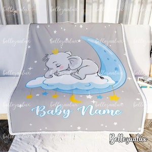 Personalized Elephant Baby Blanket, Custom Name Baby Gift, Newborn Boy Blanket, Moon and Stars Nursery Decor, Baby Shower Gift, Baby Quilt