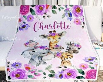 Personalized Jungle Baby Blanket: Safari Animals & Floral Name Blanket