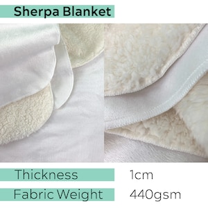 May include: Close-up of a white sherpa blanket showing the fabric texture and thickness. The blanket is 1 cm thick and weighs 440 gsm.