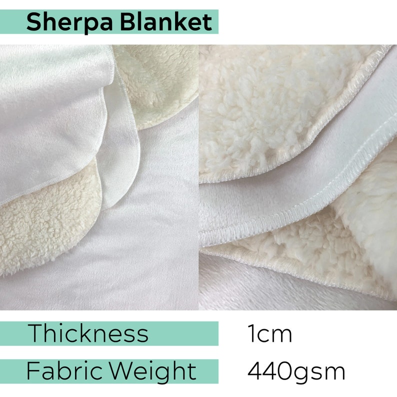 May include: Close-up of a white sherpa blanket showing the fabric texture and thickness. The blanket is 1 cm thick and weighs 440 gsm.