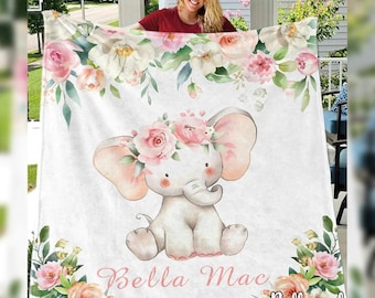 Custom Elephant Baby Blanket: Personalized Floral Fleece Throw